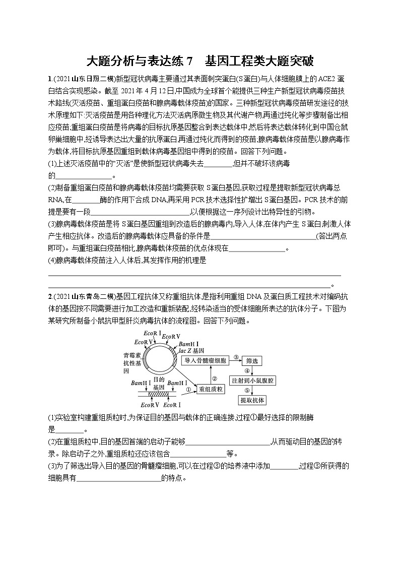 人教版新高考生物二轮复习专题训练--大题分析与表达练7　基因工程类大题突破第1页