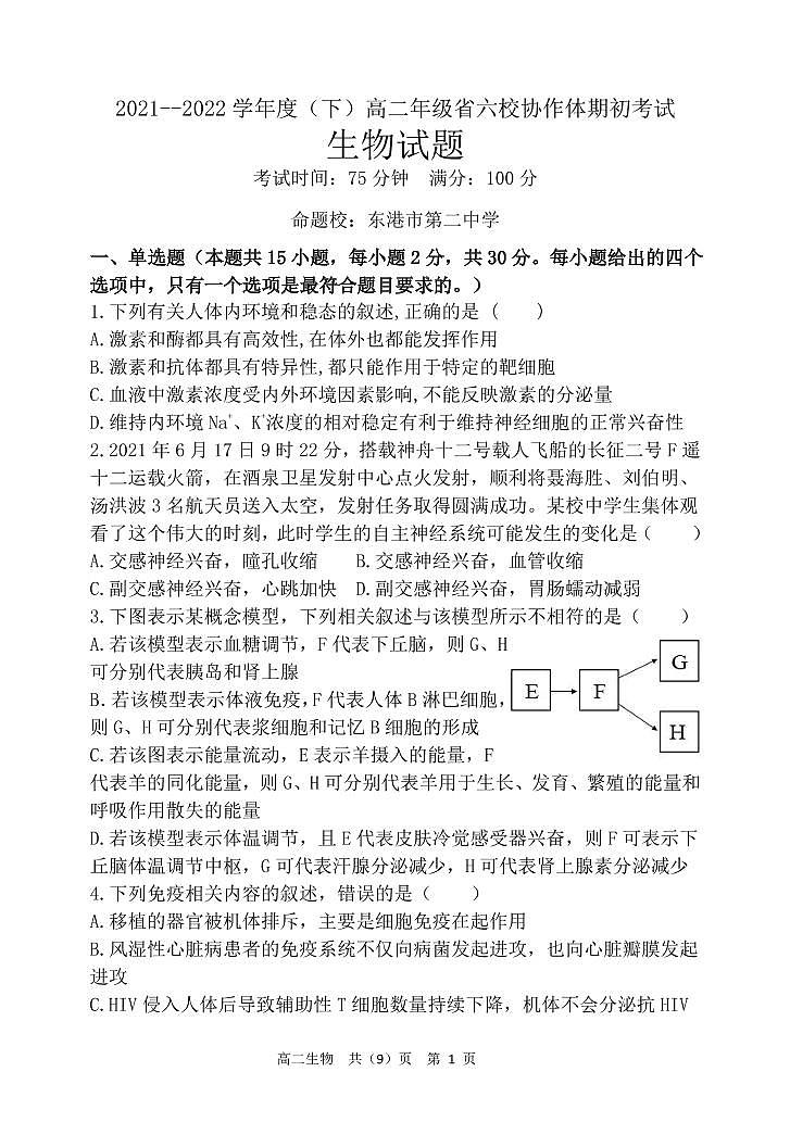辽宁省六校协作体2021-2022学年高二下学期期初考试生物试题PDF版无答案第1页