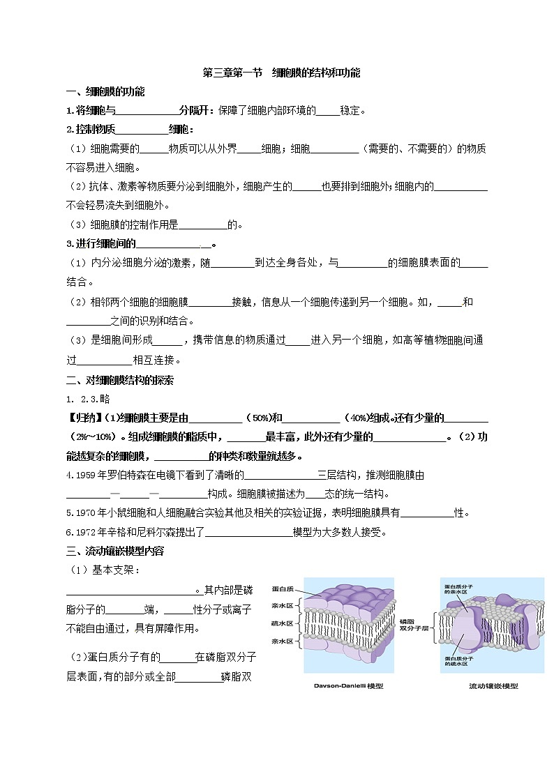 3.1 细胞膜的结构和功能 学案【新教材】人教版（2019）高中生物必修一第1页