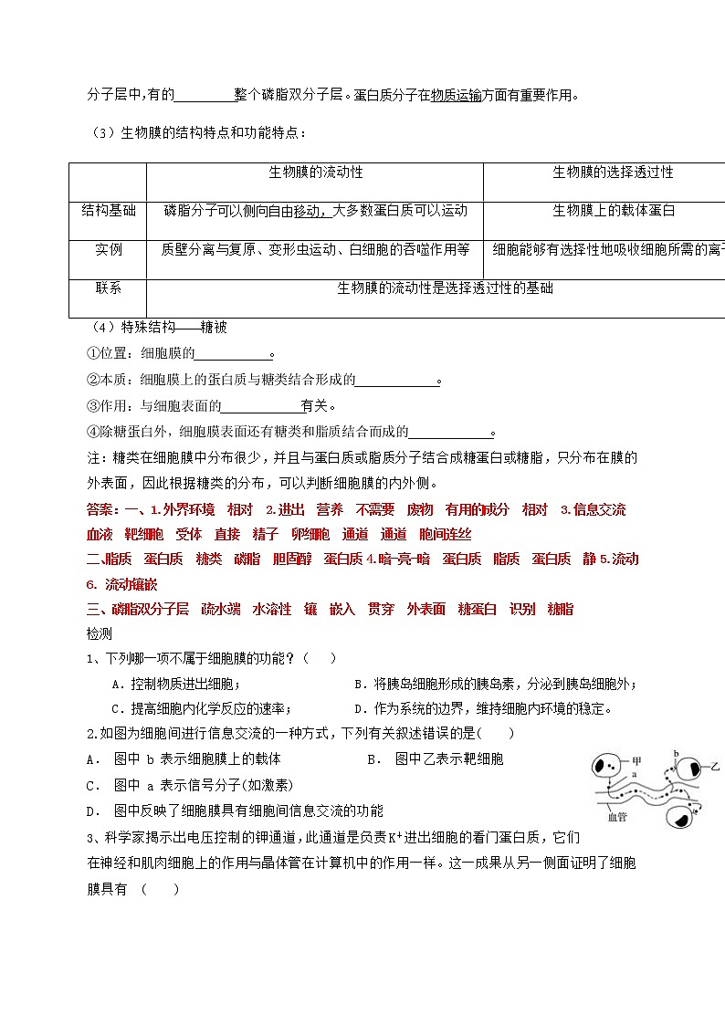 3.1 细胞膜的结构和功能 学案【新教材】人教版（2019）高中生物必修一第2页