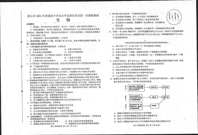 唐山市2022年普通高等学校招生统一考试第一次模拟演练（一模）生物试卷含答案01