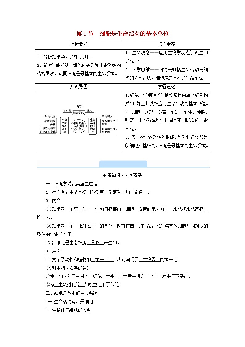 2021_2022学年新教材高中生物第1章走近细胞第1节细胞是生命活动的基本单位学案新人教版必修1第1页