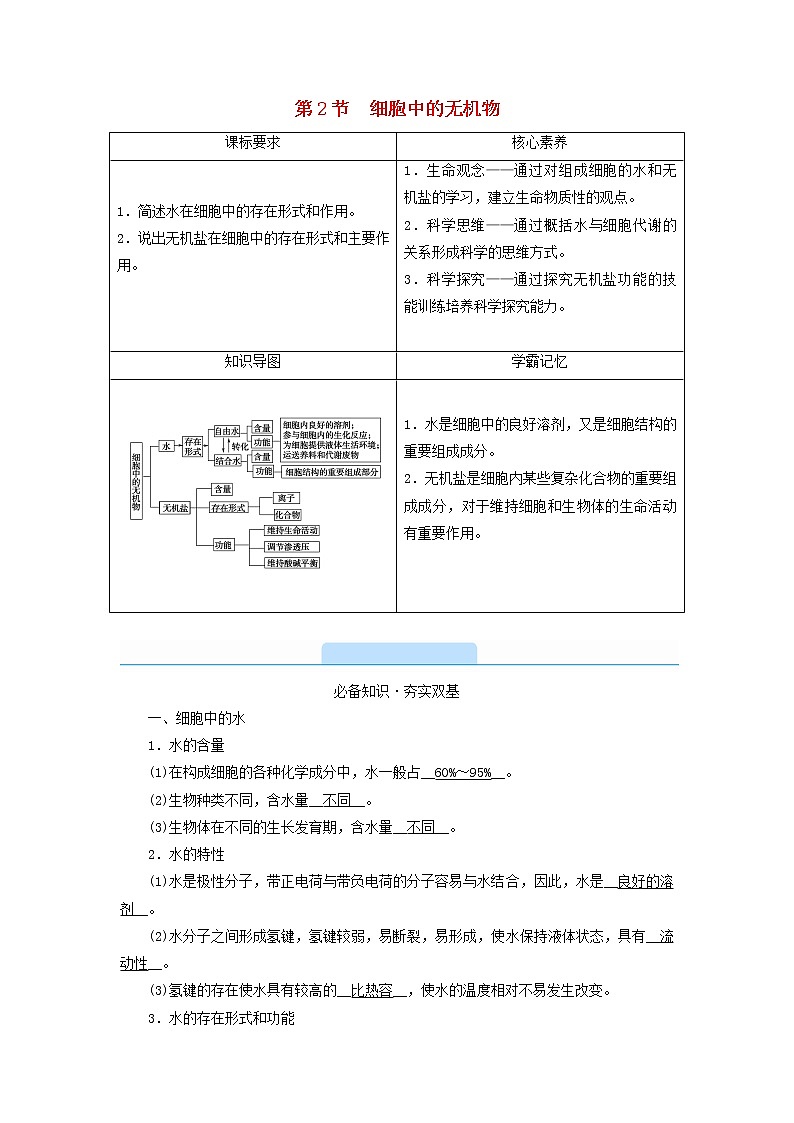 2021_2022学年新教材高中生物第2章组成细胞的分子第2节细胞中的无机物学案新人教版必修1第1页