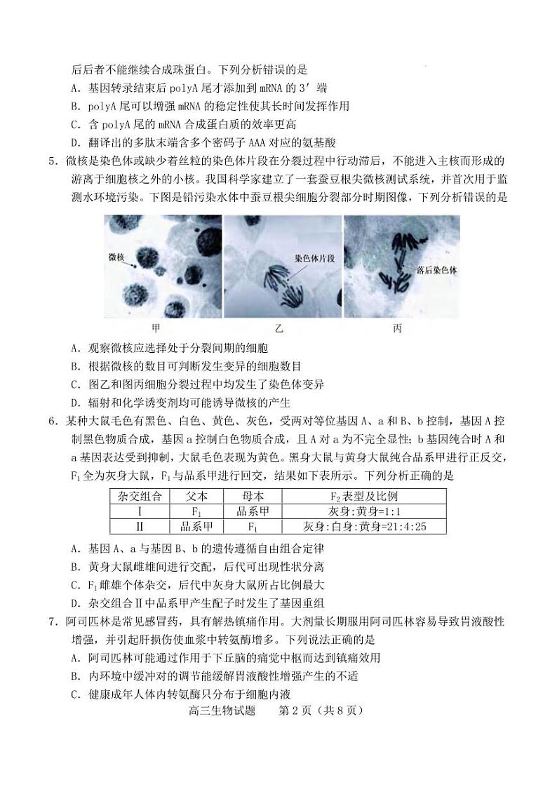 2022届山东省（德州市、烟台市）高三高考诊断性考试（一模）生物试卷及答案02