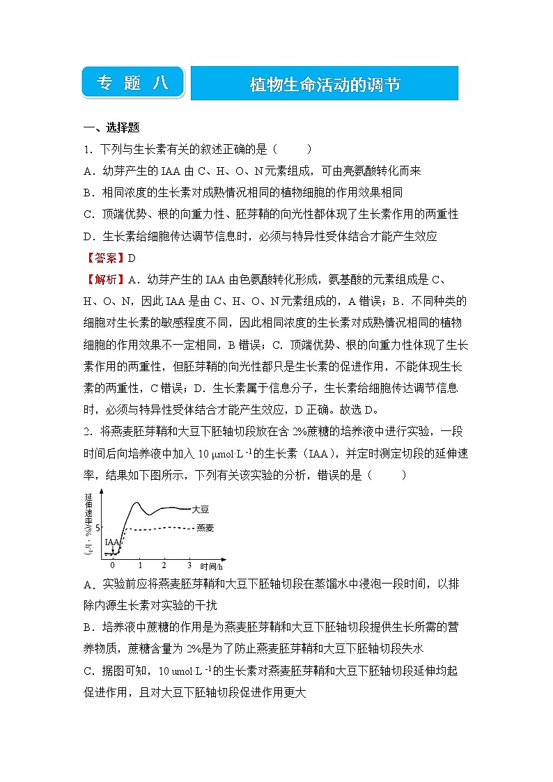 【原创】2022届高三二轮专题卷 生物（八） 植物生命活动的调节 教师版第1页