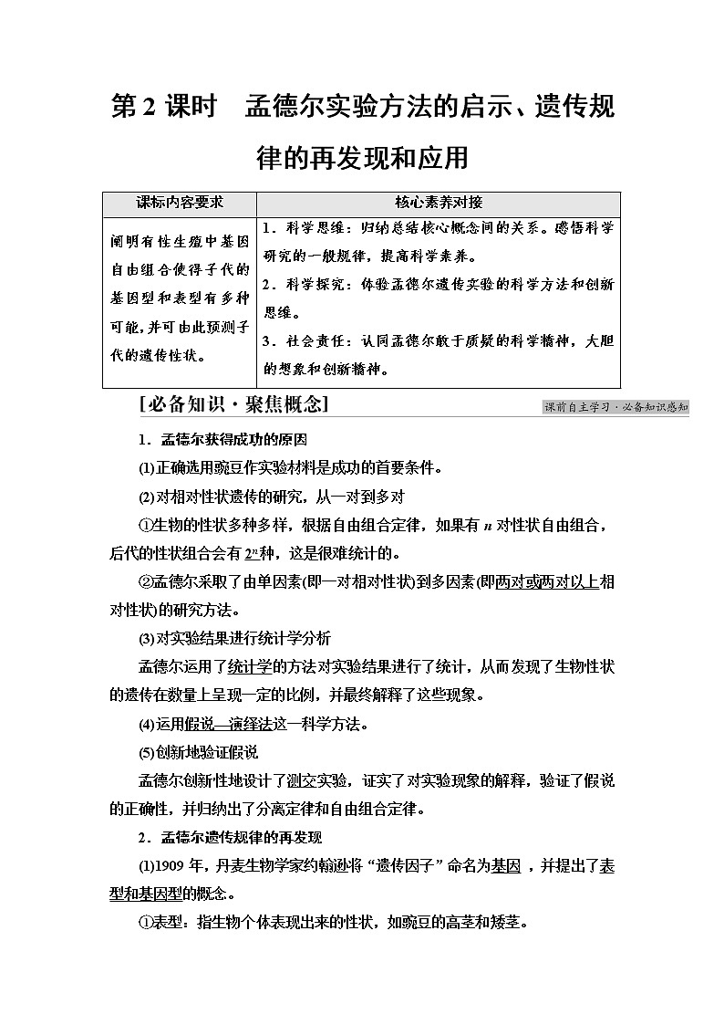 2021-2022学年高中生物新人教版必修第二册 第1章 第2节 第2课时 孟德尔实验方法的启示、遗传规律的再发现和应用 学案第1页