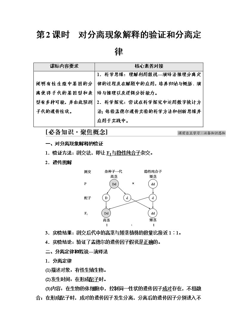 2021-2022学年高中生物新人教版必修第二册 第1章 第1节 第2课时 对分离现象解释的验证和分离定律 学案第1页