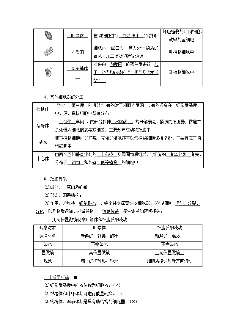 2021_2022学年新教材高中生物第3章细胞的基本结构第2节第1课时细胞器之间的分工学案新人教版必修1第2页
