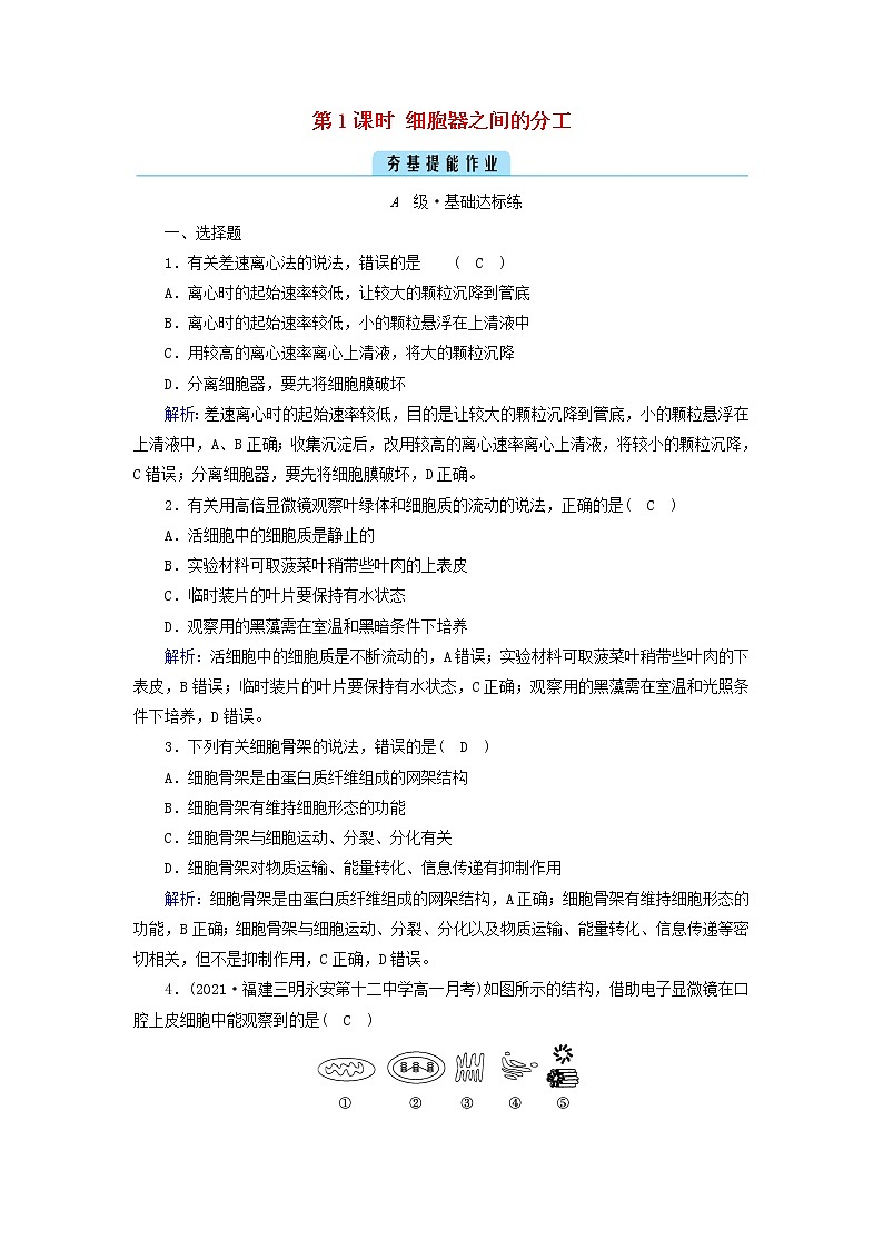 2021_2022学年新教材高中生物第3章细胞的基本结构第2节第1课时细胞器之间的分工作业含解析新人教版必修1第1页