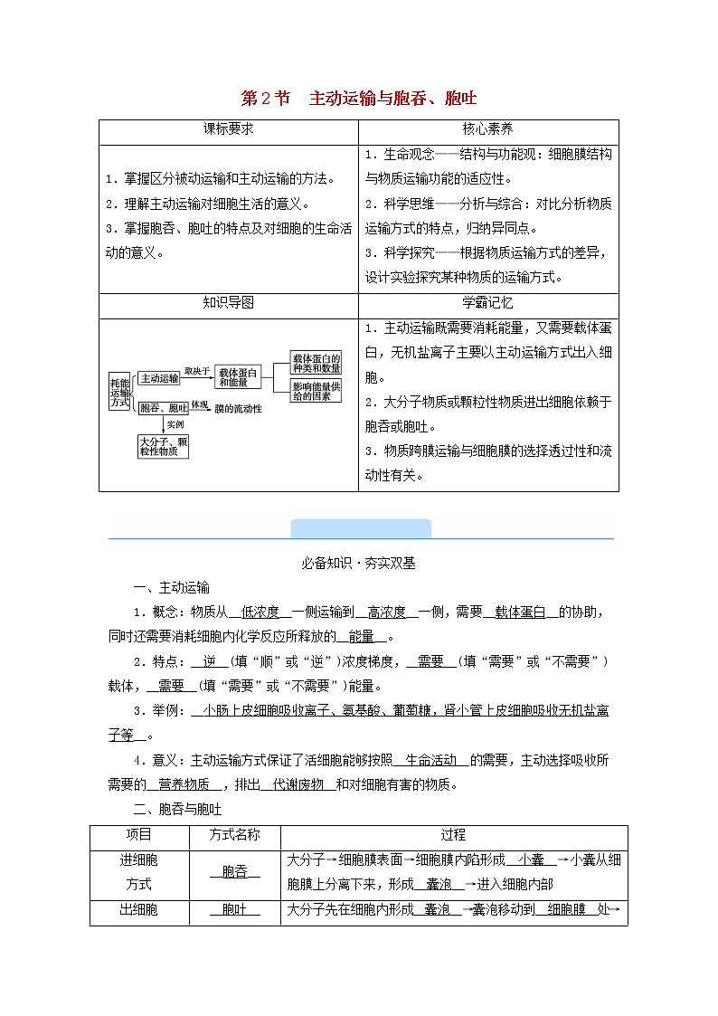 2021_2022学年新教材高中生物第4章细胞的物质输入和输出第2节主动运输与胞吞胞吐学案新人教版必修1第1页