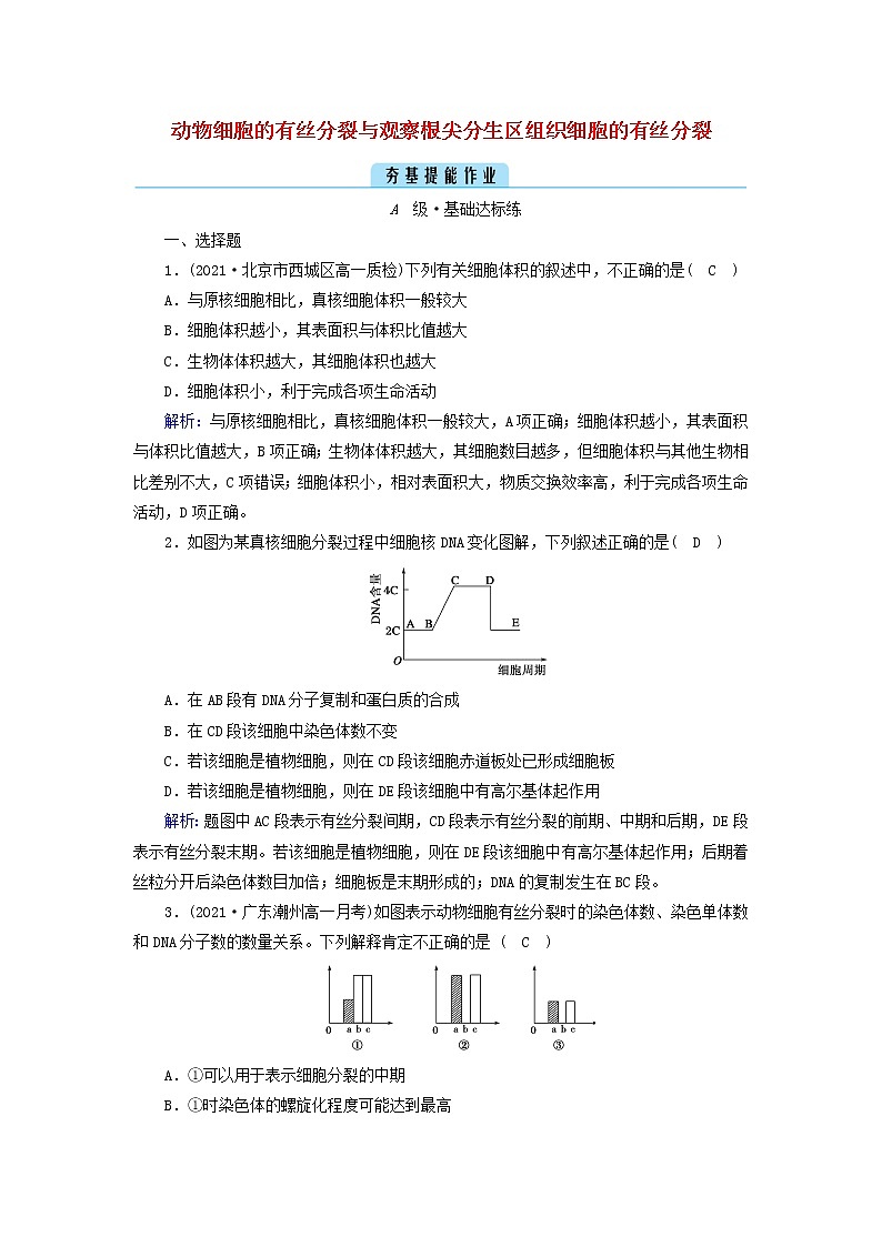 2021_2022学年新教材高中生物第6章细胞的生命历程第1节第2课时动物细胞的有丝分裂与观察根尖分生区组织细胞的有丝分裂作业含解析新人教版必修1第1页
