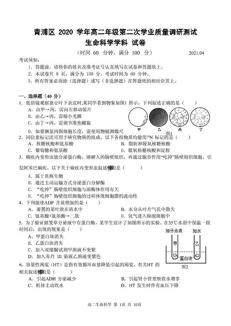 2021届上海市青浦区高三下学期4月第二次学业质量调研测（二模）生物试题 PDF版01