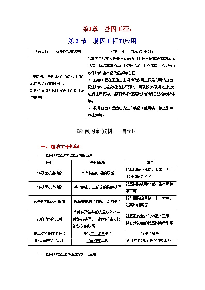 新人教版 高中生物选择性必修三第3章  基因工程：第3节基因工程的应用 学案含答案01