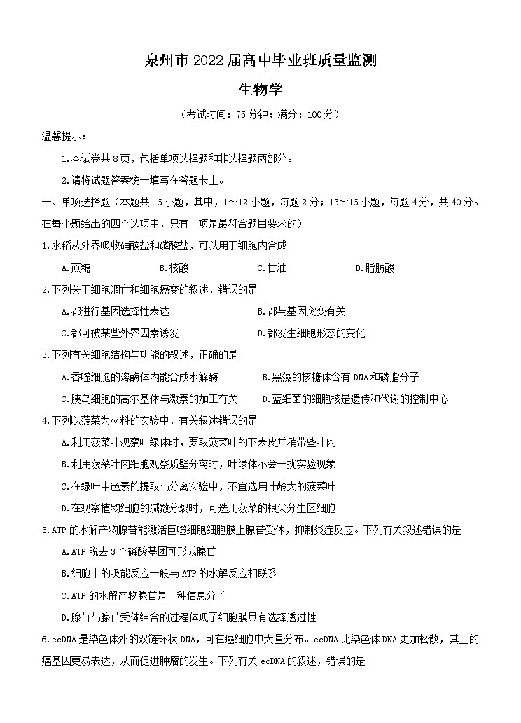 2022届福建省泉州市高中毕业班质量检测（三）生物试题（含答案）第1页