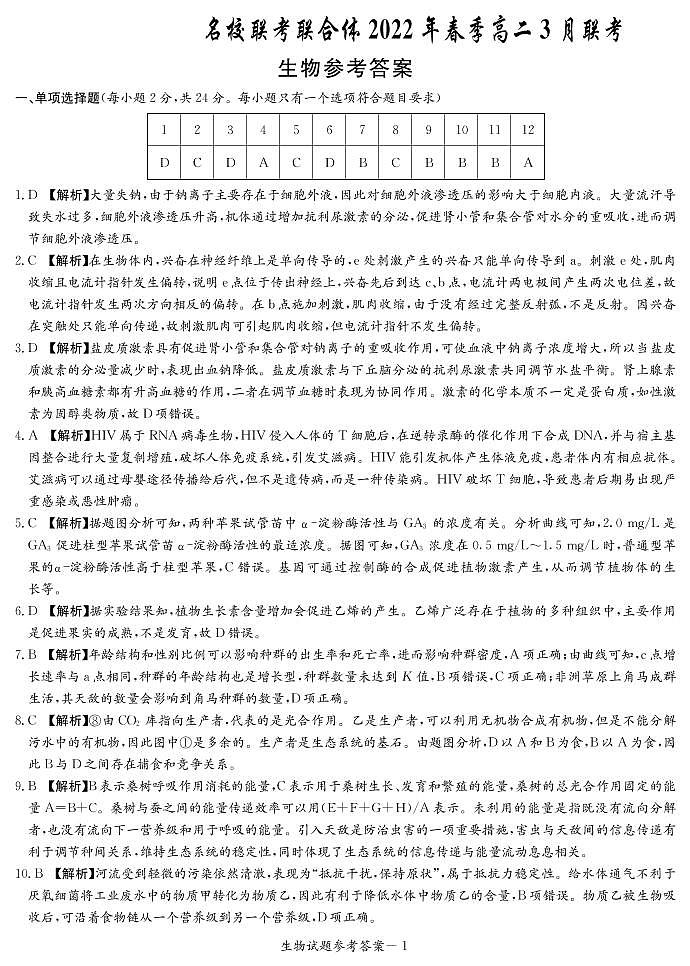 湖南省名校（长郡中学等）联考联合体2022年春季三月高二联考生物试题01