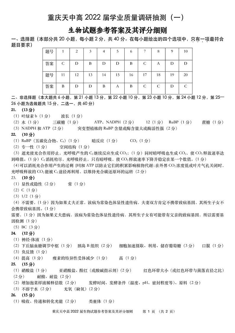 重庆市天星桥中学2022届高三学业质量调研抽测（一）生物试题及答案01