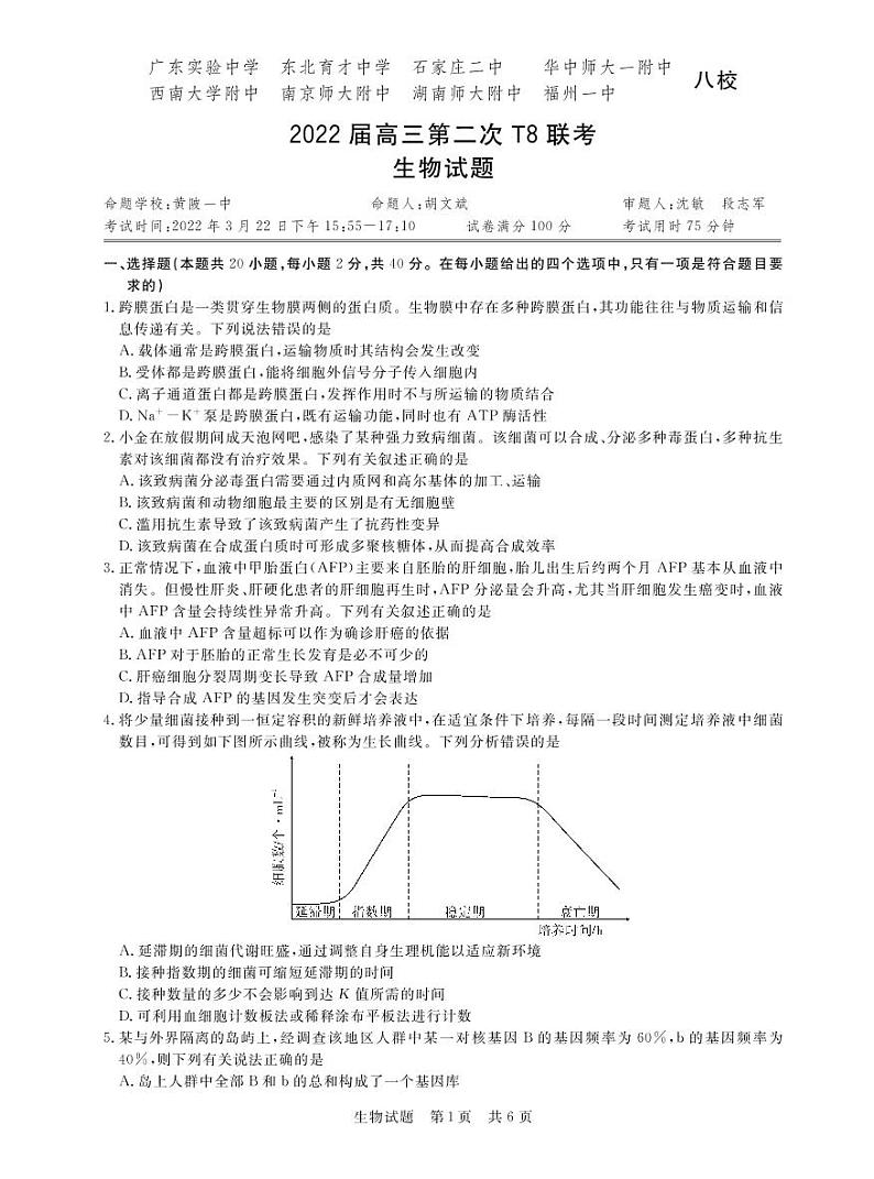 T8二次联考 生物第1页