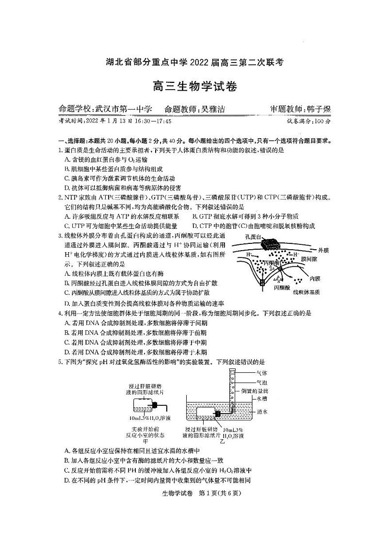 湖北省部分重点中学2022届高三第二次联考生物试卷第1页