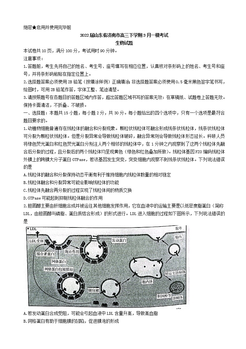 2022届山东省济南市高三下学期3月一模考试生物试题含答案第1页