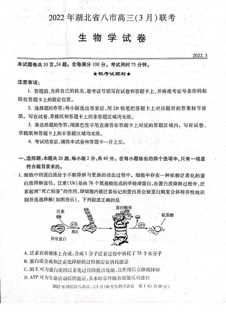 湖北省八市2021-2022学年高三3月联考生物试题第1页