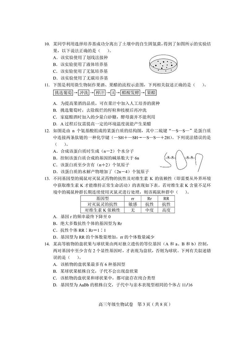 2022届天津市和平区高三上学期期末质量检测生物试题PDF03