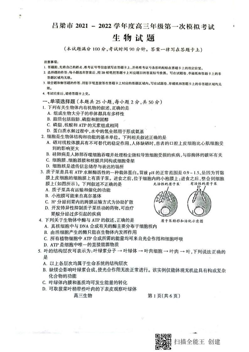 2022届山西省吕梁市高三上学期第一次模拟考试生物PDF版含答案练习题01