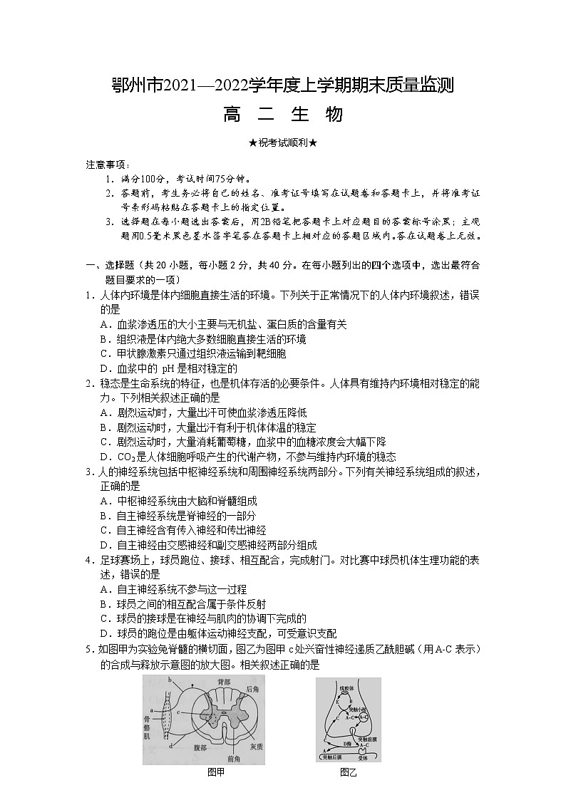 2021-2022学年湖北省鄂州市高二上学期期末质量监测生物试题含答案01
