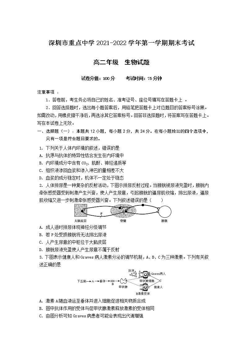 2021-2022学年广东省深圳市重点中学高二上学期期末考试生物试题含答案01