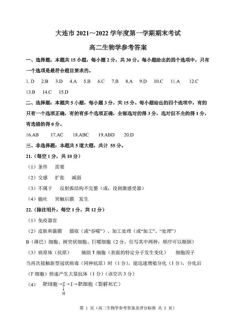 2021-2022学年辽宁省大连市高二上学期期末考试生物试题PDF版含答案01