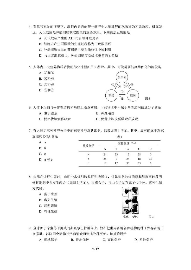 2021届上海市杨浦区高三下学期4月等级考质量调研（二模）生物试题 PDF版第2页
