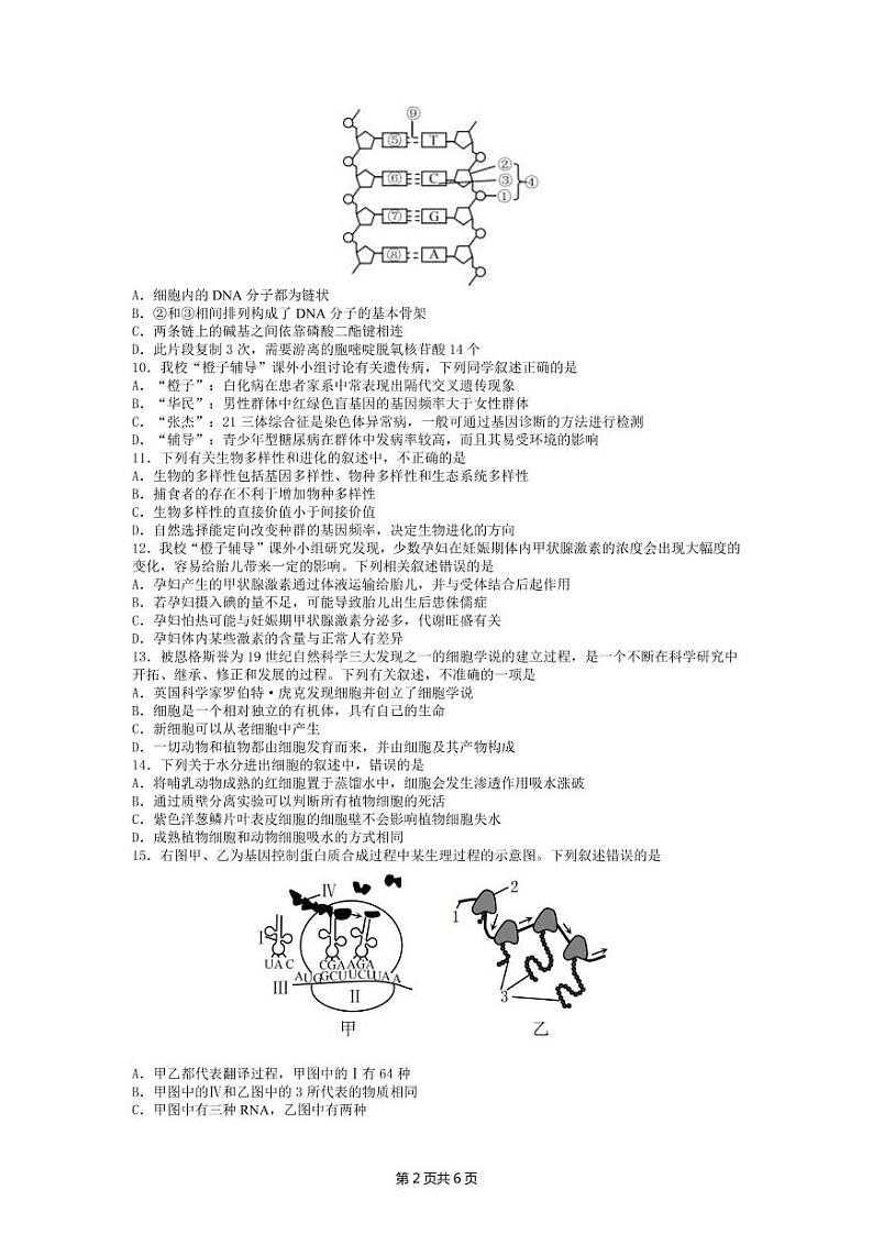 2022届重庆市高三上学期11月高考模拟调研卷（一）生物试题 （PDF版含答案）第2页