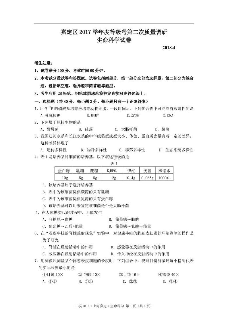 2018届上海市嘉定区高三二模生物试卷（pdf版）01