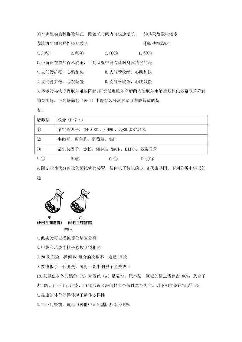 2021届上海市金山区高三下学期4月质量监控（二模）生物试题 PDF版第2页