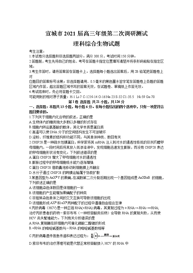 2021届安徽省宣城市高三二模生物试卷及答案01