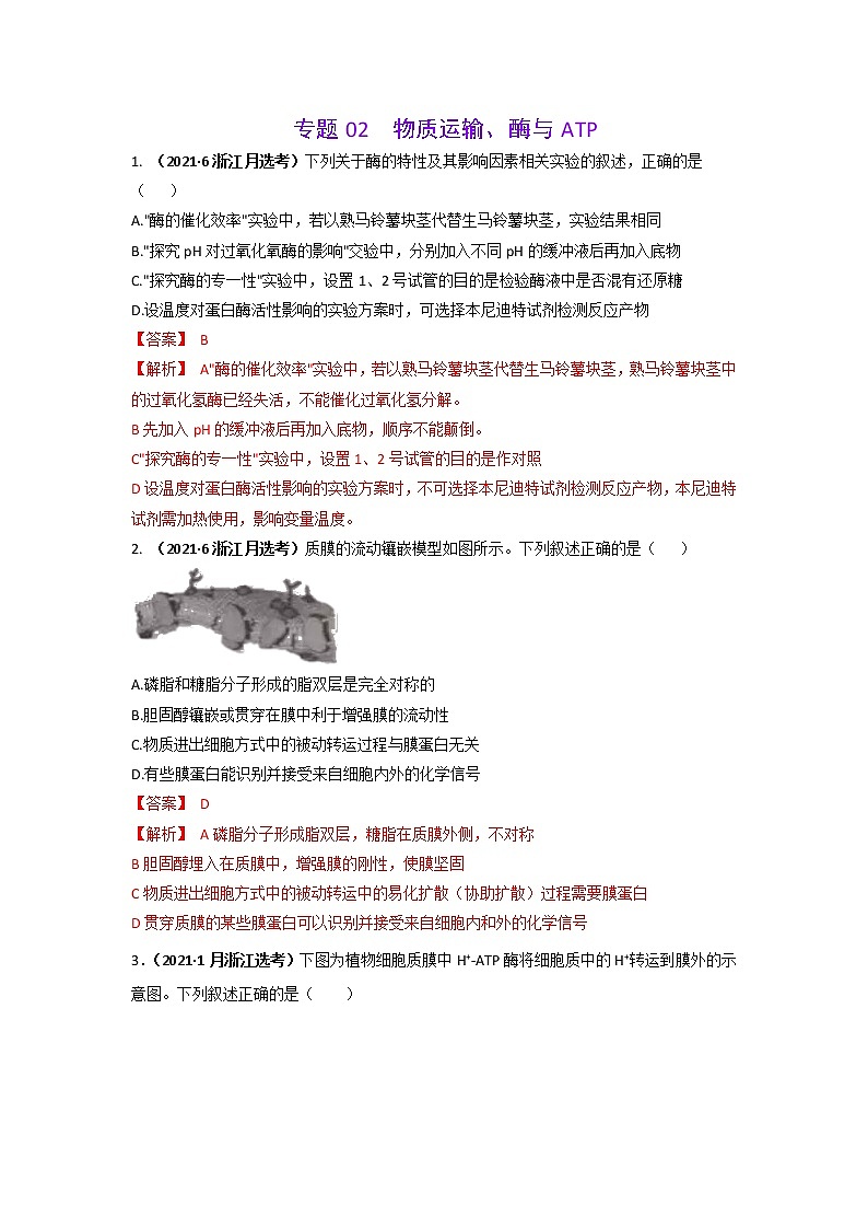三年高考（2019-2021）生物试题分项汇编专题02物质运输、酶与ATP含答案01