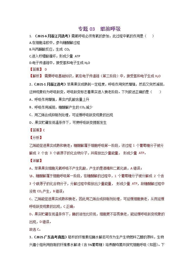 三年高考（2019-2021）生物试题分项汇编专题03细胞呼吸含答案01