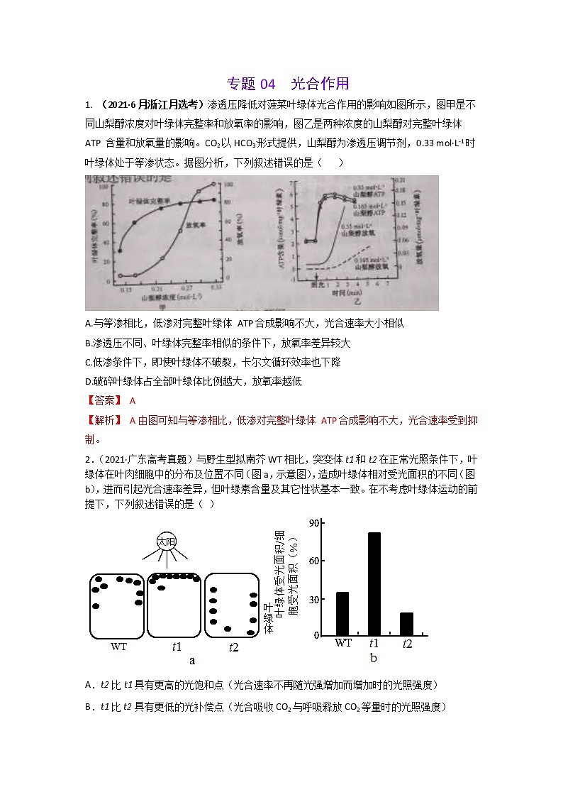 三年高考（2019-2021）生物试题分项汇编专题04光合作用含答案01