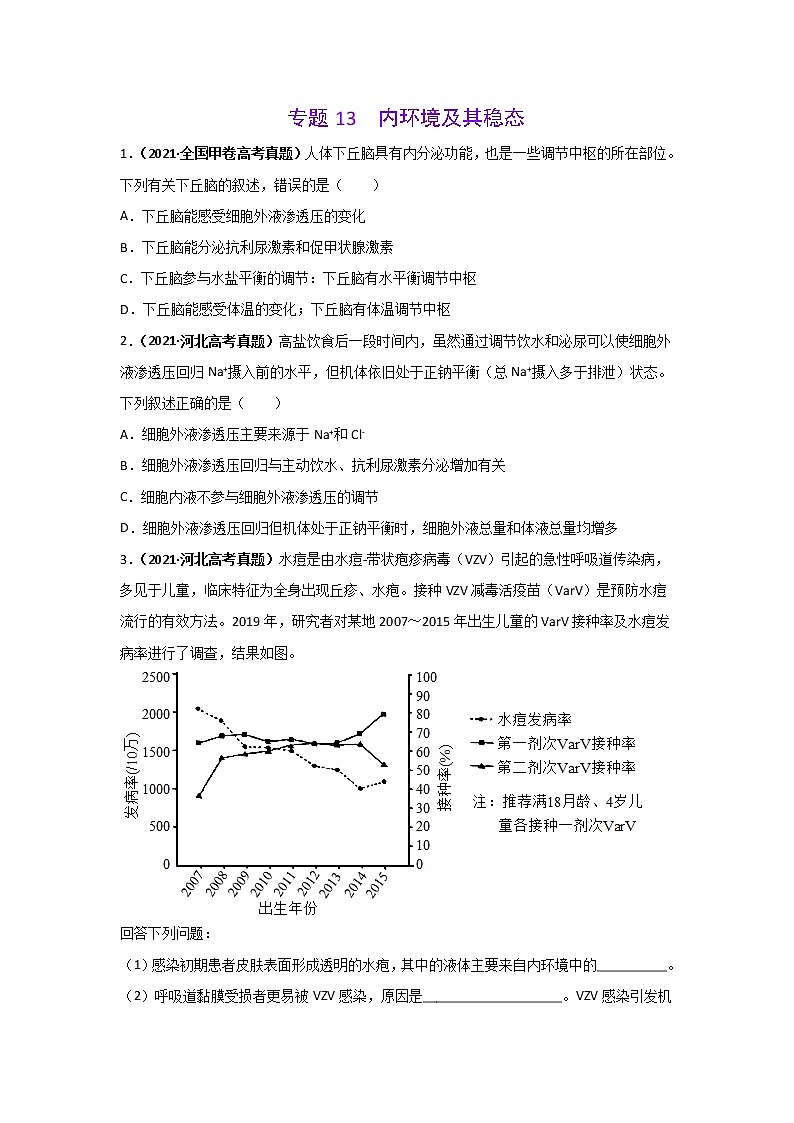三年高考（2019-2021）生物试题分项汇编专题13内环境及其稳态学生版第1页