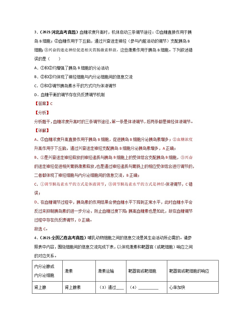 三年高考（2019-2021）生物试题分项汇编专题15体液调节含答案02