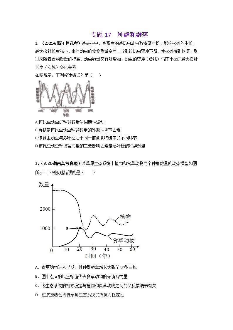 三年高考（2019-2021）生物试题分项汇编专题17种群和群落学生版第1页