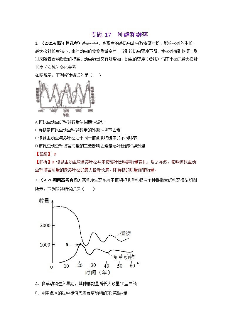 三年高考（2019-2021）生物试题分项汇编专题17种群和群落含答案第1页