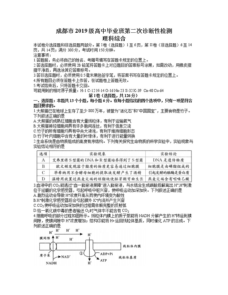 2022届四川省成都市高三第二次诊断性检测 生物试卷（无答案）第1页