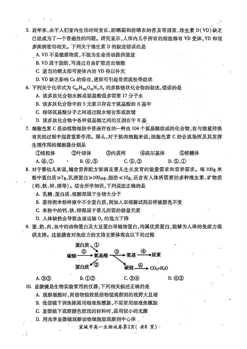 2022宣城度高一第一学期期末生物试卷含答案02
