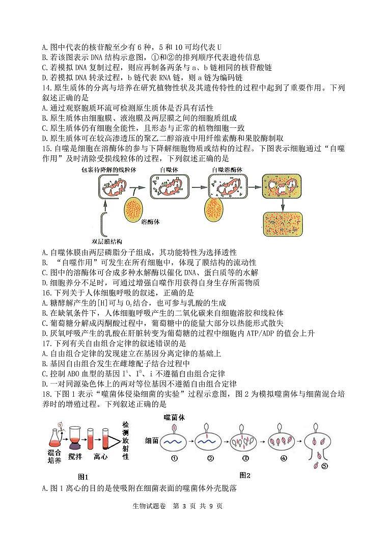 2022年4月浙江省衢州、丽水、湖州三地市高三教学质量检测试卷（二模）生物试题含答案03