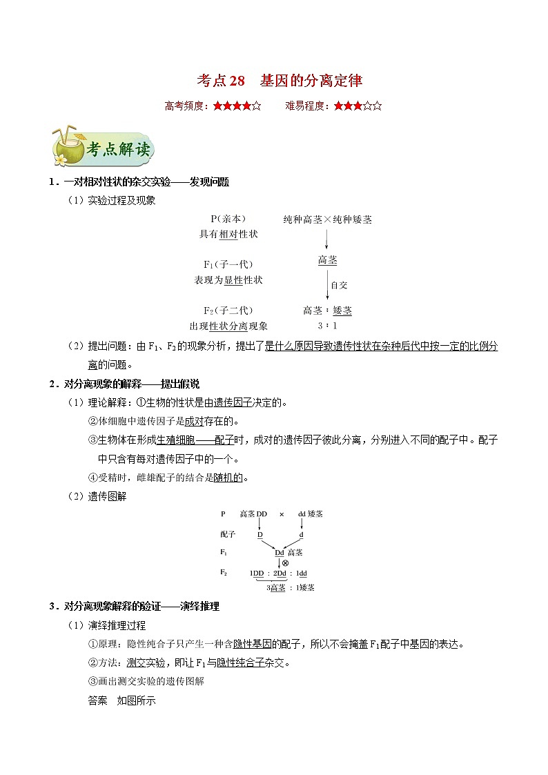 考点28  基因的分离定律-备战2022年高考生物一轮复习考点一遍过学案第1页