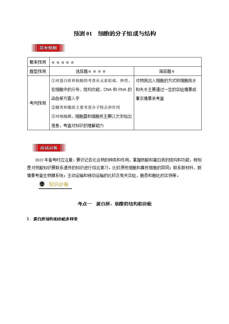 预测01 细胞的分子组成与结构-【临门一脚】2022年高考生物三轮冲刺过关（解析版）第1页