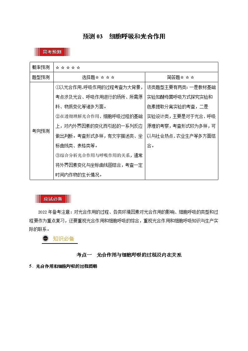 预测03 细胞呼吸和光合作用-【临门一脚】2022年高考生物三轮冲刺过关（解析版）第1页
