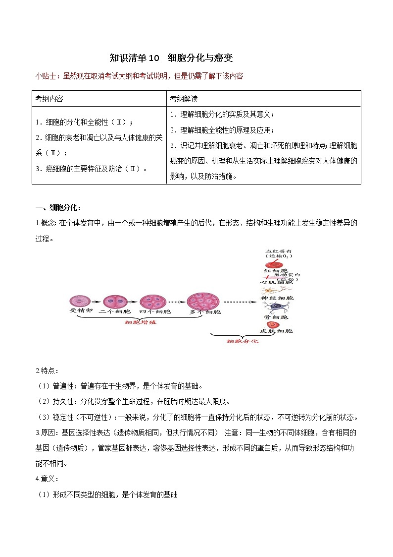 知识清单10  细胞分化与癌变-2022年高考生物一轮复习必背知识清单01