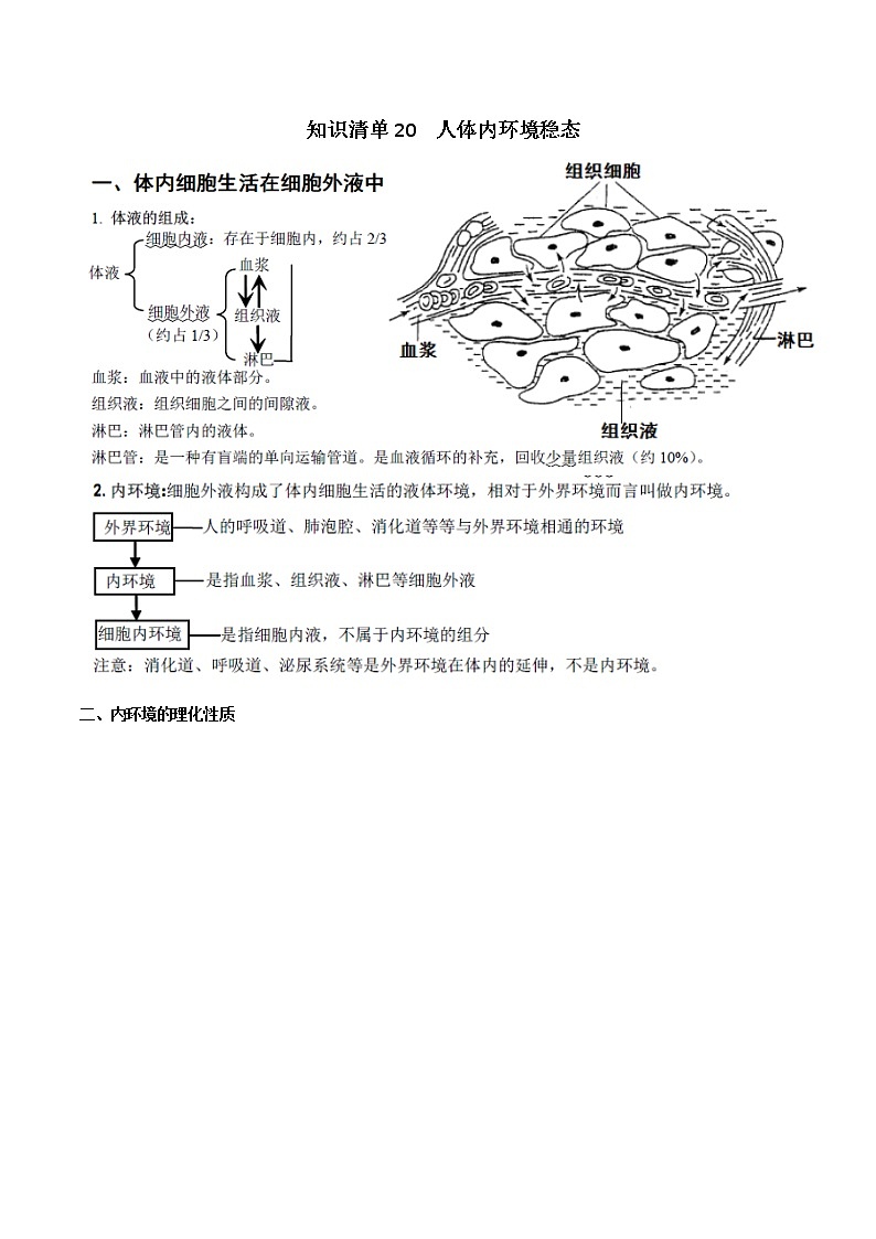 知识清单20  人体内环境稳态-2022年高考生物一轮复习必背知识清单第1页