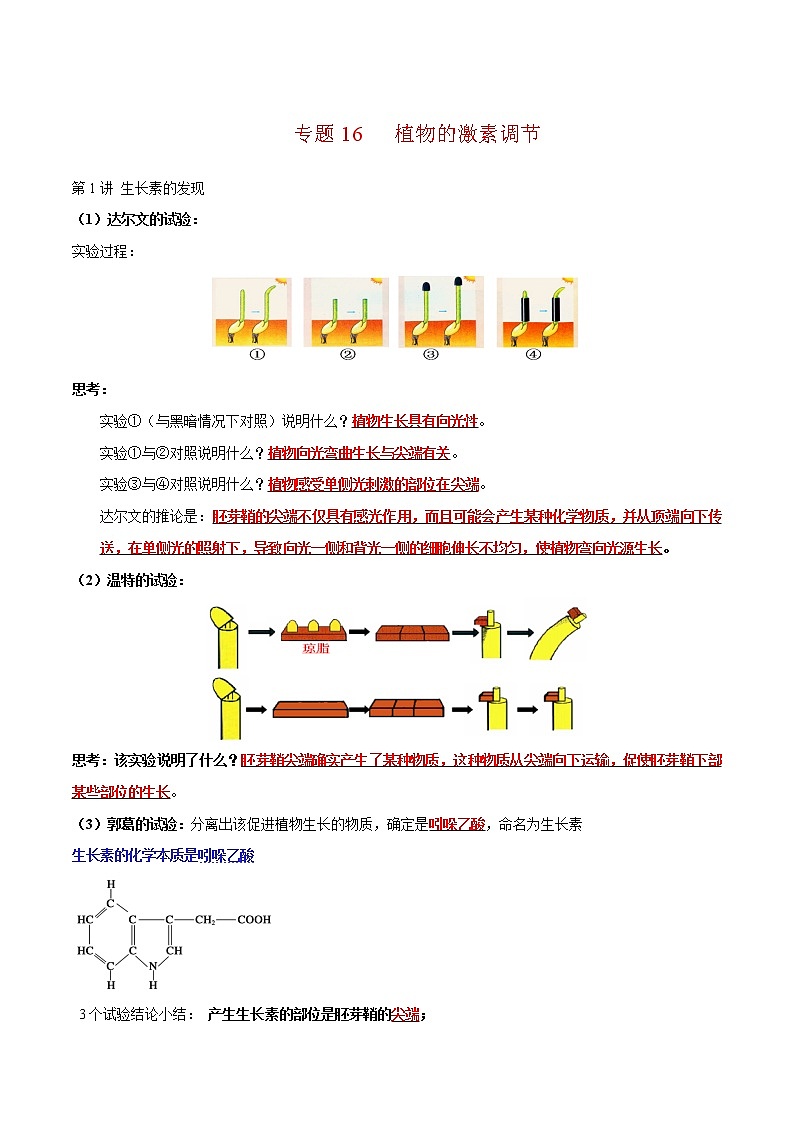 专题16 植物的激素调节-2022年高考生物一轮复习知识点梳理与归纳第1页
